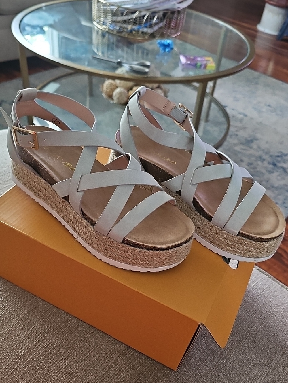 Strappy Espadrille Platform Wedge  Sandals in Light Gray Sz 5 New